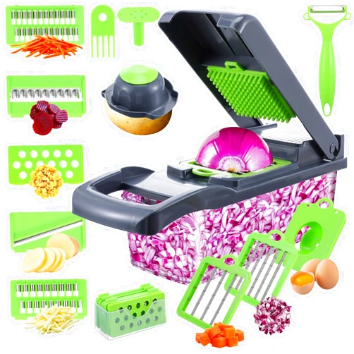 HOFURME 16 In 1 Vegetable Chopper Slicer- Spiralizer Vegetable Slicer - Onion Chopper with Container - Food Chopper Slicer Dicer Cutter (Green&Gray)
