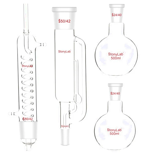 stonylab Soxhlet Extraction Kit, Borosilicate Glass 50/42 Soxhlet Extractor with Graham Condenser and Two 500 ml 24/40 Flat Bottom Flasks for Lab Extraction