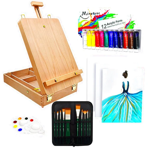 Miratuso Deluxe Art Supplies 27 Pieces Art Set with Tabletop Easel, 12 Colors Acrylic Paint, 10 Paint Brushes, 3 Canvas Panels, Palettes