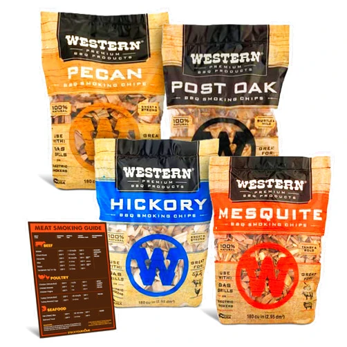 Stock Your Home Smoker Wood Chips Variety 4-Pack Western BBQ - Post Oak Wood, Pecan, Mesquite, and Hickory Wood Chips for Smokers with Meat Temperature Magnet
