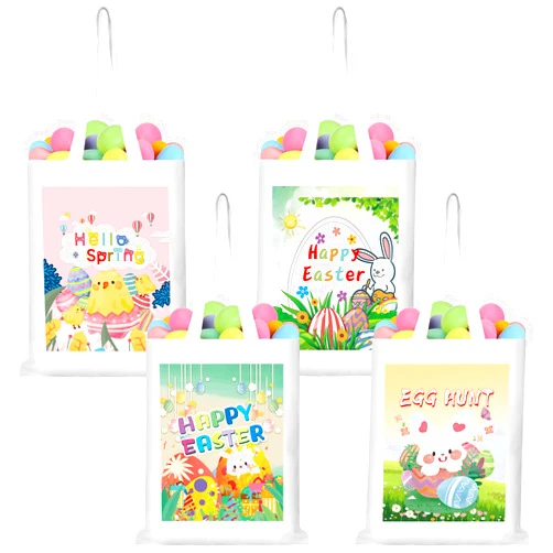 Fanfanwin 4 Pcs Easter Canvas Tote Bags 11.8 x 13.8 Inches Easter Gift Bags with Handles Reusable Egg Tote Handbag Bunny Treat Basket Bulk Canvas Grocery Bag for Spring Party Favors Gift