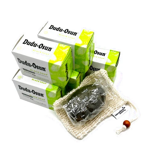 International Essence Dudu Osun 5-Pack Black Soap Bundled with Soap Pouch - Natural African Skincare Bar, Rejuvenating & Moisturizing Face, Body Wash - (Fresh Fragrance)