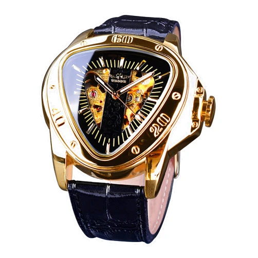 FORSINING Winner Fashion Mechanical Wrist Watch Triangle Racing Dial, Waterproof Golden Skeleton Dial Automatic Movement Leather Design Mechanical Watch for Men