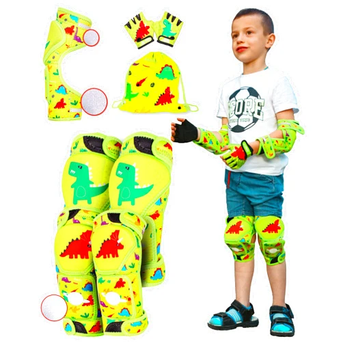 BAZPO Kids Knee Pads and Elbow Pads Set | Glow in The Dark Elbow and Knee Pads for Kids 5-8 Years | Reflective Skateboard, Roller Skate and Bike Knee Pads for Boys | Dino Guards (M-Size)