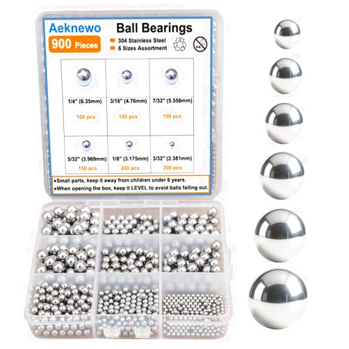 Aeknewo 900 PCS Stainless Steel Precision Balls, Bicycle Ball Bearings 6 Sizes Assortment 1/4
