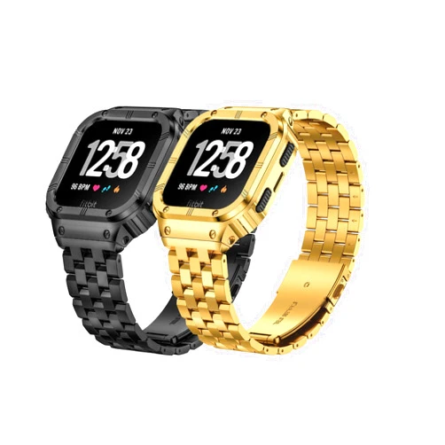 SUPLINK Stainless Steel Case & Band Compatible with Fitbit Versa 4/3/2/Lite/Sense 2/Sense Watch Bands, Men, Protector Cover Strap, Black&Gold