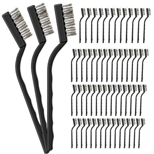 Yetene 60 Pcs Mini Wire Brush Set Stainless Steel Wire Bristle Scratch Brush Small Metal Brush for Cleaning Curved Handle Masonry Welding for Cleaning Welding Slag and Rust Tool, Black, 6.7 Inches
