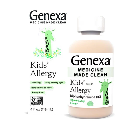 Genexa Kids' Allergy Medicine Liquid | Antihistamine Multi Symptom Childrens Allergy Medicine | Delicious Organic Agave Flavor | Certified Vegan, Gluten-Free & Non-GMO | 4 Fluid Ounces