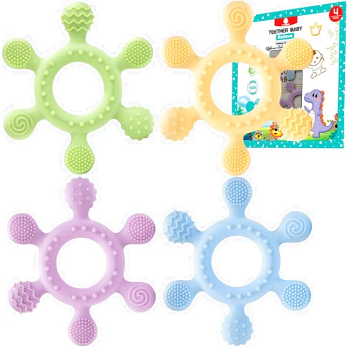 XYunMuu Baby Rudder Teether 4 Pack | 6 Teeth Contact Points Silicone Teether Toy for Baby, Reaches Front, Back, and All New Teeth Types, Easy to Hold, BPA-Free (Baby-4 Pack)