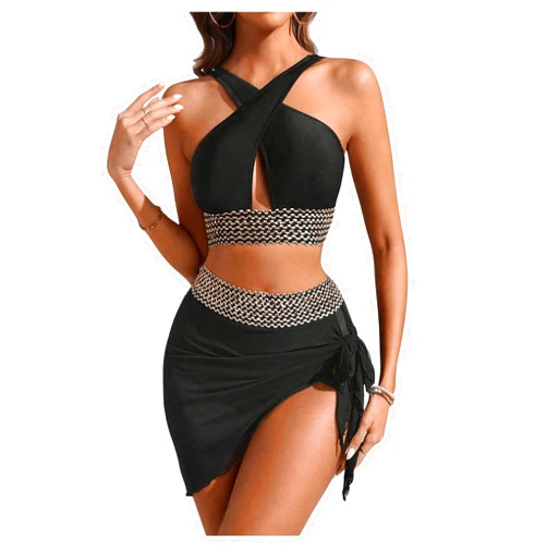 SweatyRocks Women's 3 Piece Swimsuit Criss Cross High Waisted Bikini Set with Sarong Wrap Coverups