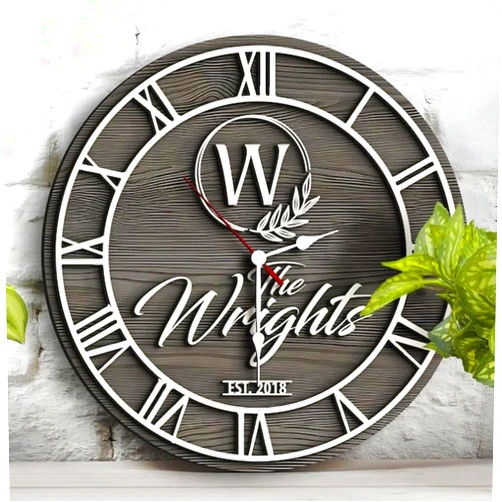 JINMA Personalized Vintage Wooden Texture Wall Clock- Custom Name Letter Round Clock, Customized Family Clock for Kitchen Living Room Bathroom Christmas Housewarming Gifts (Wall Clock A)