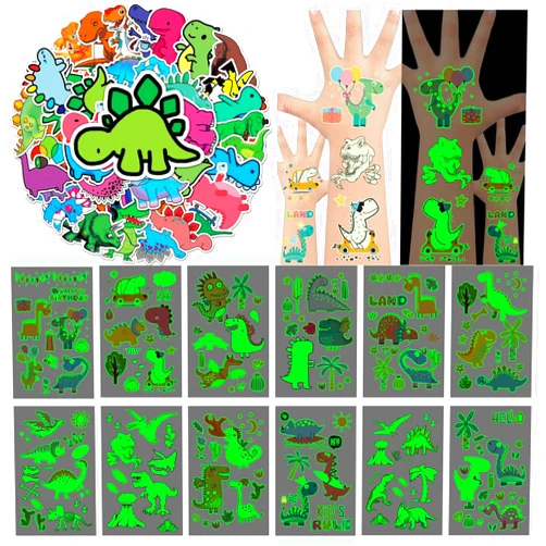 Leesgel 215 Styles Dinosaur Stickers Bulk for Kids Party Favors, Dinosaur Glow Temporary Tattoos and Self-Adhesive Stickers for Boys Gifts, Birthday Party Decorations Supplies
