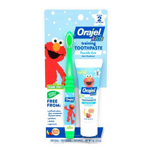 Orajel Elmo Fluoride-Free Tooth & Gum Cleanser with Toothbrush, Combo Pack, Banana Apple Flavored Non-Fluoride, 2 Piece Set