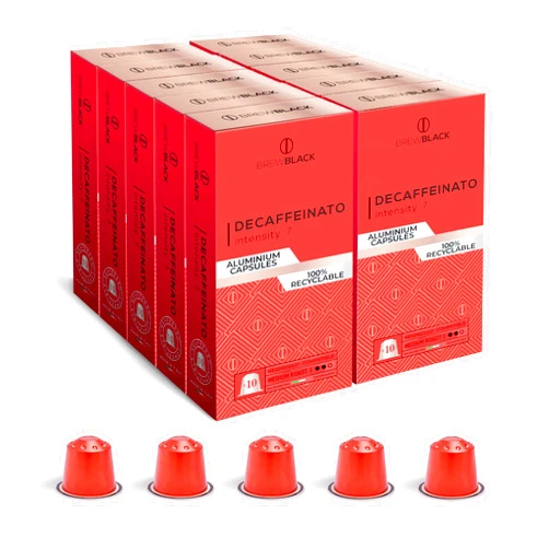 BrewBlack Aluminum Decaffeinated Coffee Capsules - Compatible with Nespresso* Original line - Made in Italy (Decaffeinato, 100 Pods)