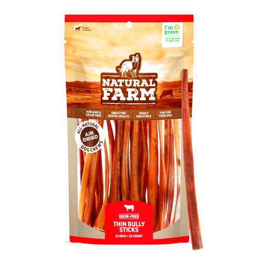 Natural Farm Odor-Free Thin Bully Sticks (12”, 25-pack) ALL-NATURAL Long-Lasting Dog Chews, 100% Beef Pizzle, Grass-Fed, Grain-Free, Protein for Muscle Development & Energy, Perfect for Large Dogs