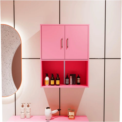 HESIEU Modern Wall Mounted Storage Cabinet with Open Shelves and 2 Door Cabinet, Commercial Cabinet Suitable for Barber Shops, Salons, Beauty Shops as Well as Home bathrooms and bedrooms (Pink)