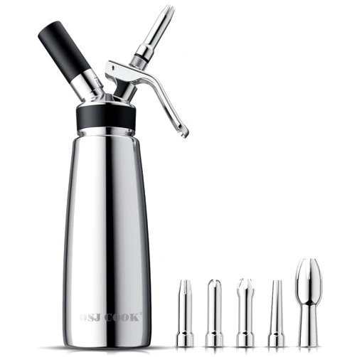 OSJ COOK OSJCOOK Whipped Cream Dispenser Stainless Steel Cream Whipper Mirror Finish,500 mL/1 Pint Professional Cream Maker,5 Various Stainless Decorating Nozzles,1 Cleaning Brush,N2O Chargers NOT included