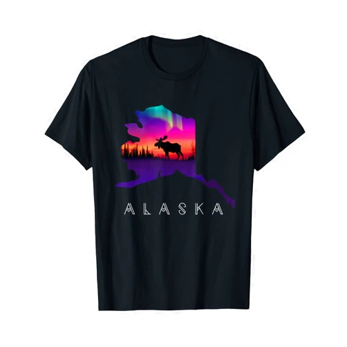 Alaska Day Moose Silhouette Shirts & Gifts Alaska Moose Aurora Borealis - Alaska State & Landscape T-Shirt