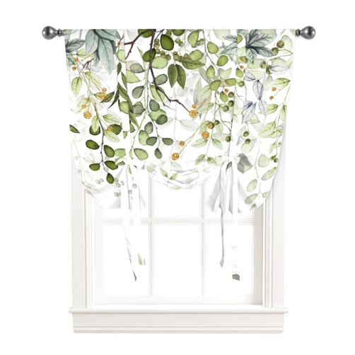 Litter Star Tie Up Curtain for Windows,Green Eucalyptus Leaves Watercolor Botanical on White Balloon Rod Pocket Curtains Tie-up Valance for Kitchen Bedroom,Abstract Foliage Window Treatment 1 Panel 42x45in