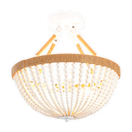ELYCCUPA Wood Beaded Mini Chandelier Farmhouse Bohemia Semi Flush Mount Ceiling Light Rustic 3-Light Ceiling Lighting Fixtures for Bedroom Dining Nursery Room Girl Room Hallway, White, Dia 15 Inch