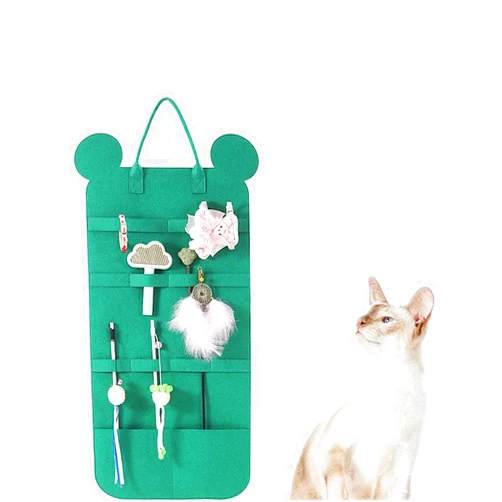 BAMY Cat Wand Toy Storage Bag Cat Teaser Wand Holder with Thickened Felt for Neatly Organizing Cat Toys Bear Design Toy Buggy Bag (Green)