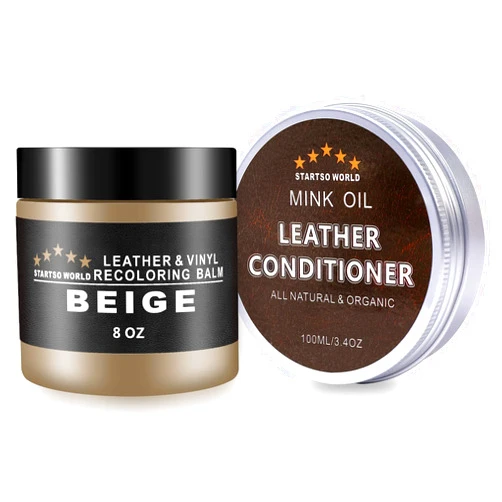 STARTSO WORLD Leather Recoloring Balm with Mink Oil Leather Conditioner, Leather Repair Kit for Couches,Beige Leather Dye for Furniture, Car Seat, Sofa, Shoes, Vinyl