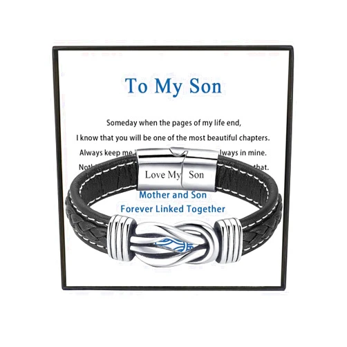 Kcsznk To My Son Bracelet Gift from Mom, Mother and Son Forever Linked Together Bracelet,Stainless Steel Magnetic Closure Leather Bracelet,Birthday Graduation Back to School Christmas Gifts