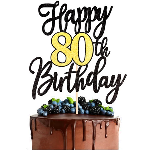 ZHUOWEISM 1 PCS Happy 80th Birthday Cake Topper Black Gold Glitter Cheers to 80 Years Birthday Cake Pick 80 Fabulous Cake Decoration for Happy 80th Birthday Anniversary Party Cake Decorations Supplies