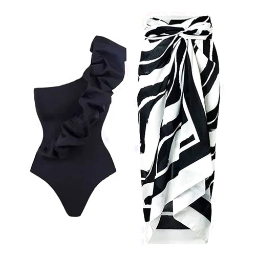 IBTOM CASTLE Women's Floral Bathing Suit with Sarong Cover up Wrap Skirt One Piece Swimsuit Swimwear Summer Beach Outfit Set