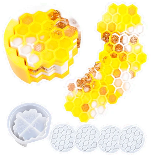 Qinlunuho 1 Set of Honeycomb Coaster Silicone Resin Mold with 4 Pcs Hexagon Shaped Epoxy Silicone Placemat Coasters Casting Molds Tray for Drinking Glasses Coffee Cup, 3D DIY Making Handmade Display Crafts