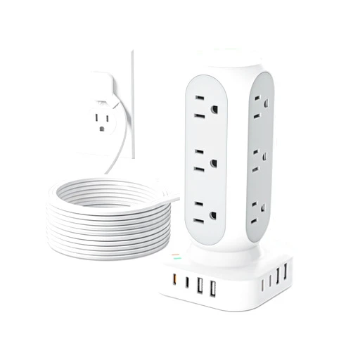 TenTrend Flat Plug Power Strip Tower 10FT, 40W Total Fast Charging Station, Dual PD 20W USB-C Surge Protector with 12 AC Outlets and 8 USB Ports (4 USB C), Long Extension Cord for Home Office Dorm Room
