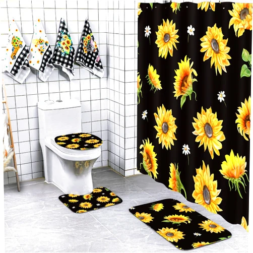 VitalCozy 8 Pcs Summer Sunflower Shower Curtain Set Yellow Sunflower Bathroom Decor Includes 1 Waterproof Shower Curtain 1 Rug 1 Toilet Mat and Lid Cover 4 Towels for Bathroom Accessories with Hook