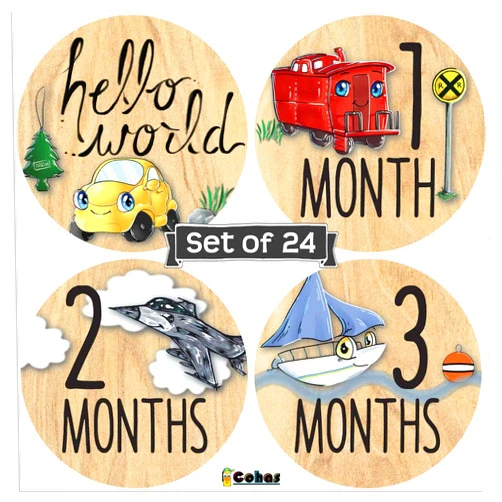 Cohas Monthly Baby Milestone Stickers Include 24 Vinyl Stickers with Wood Background, Things That Go
