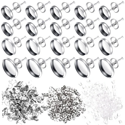 Hicarer 500 Pcs Earring Studs for Jewelry Making Sublimation Blanks Stud Earring with Post Kit Cabochon Bezels for Resin Jewelry Making, 10 mm 12 mm 8 mm