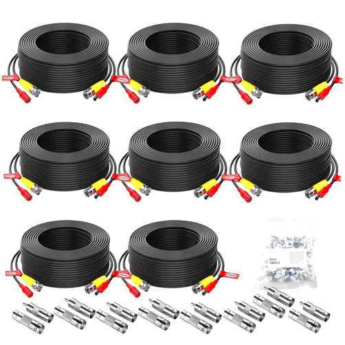 Aiwixen 8 Pack 50ft/15M Video Power Cable, BNC Extension Security Camera Cable Wire for CCTV Surveillance DVR System, Included 16 x BNC Connectors and 100pcs Cable Clips