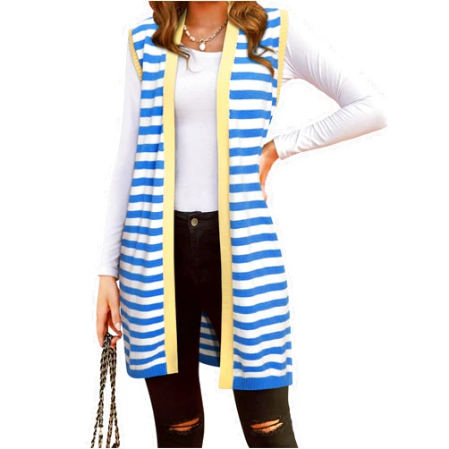 Dresswel Women's Color Block Striped Kimono Cardigan Vest Sleeveless Open Front Colorful Duster Sweater Soft Knit Long Vest