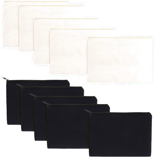 Gejoy 10 Pieces Cosmetic Canvas Pouch Bag Multipurpose Makeup Bag with Zipper Cotton Canvas Travel Toiletry Pouch DIY Craft (M, Beige and Black)