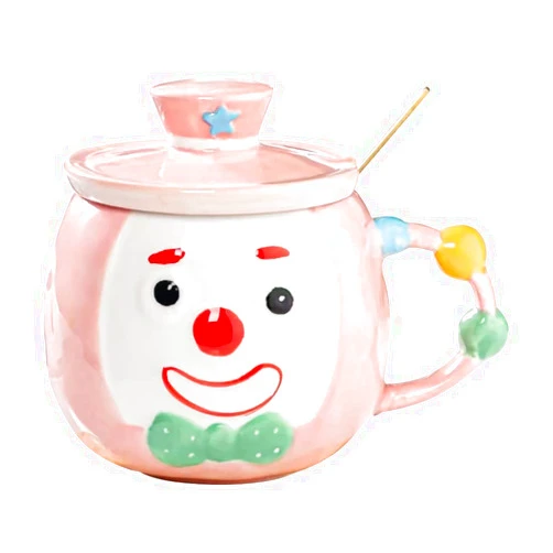 TOYANDONA Clown Mug Ceramic Coffee Mug with Lid and Spoon Tea Cup Beverage Drinking Cup for Halloween Decorative Accent Pink