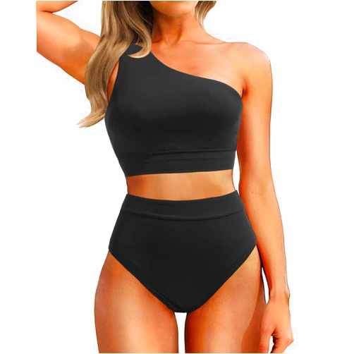 Holipick Women One Shoulder High Waisted Bikini Sets Two Piece Swimsuit Tummy Control Bathing Suit Full Coverage Swimwear