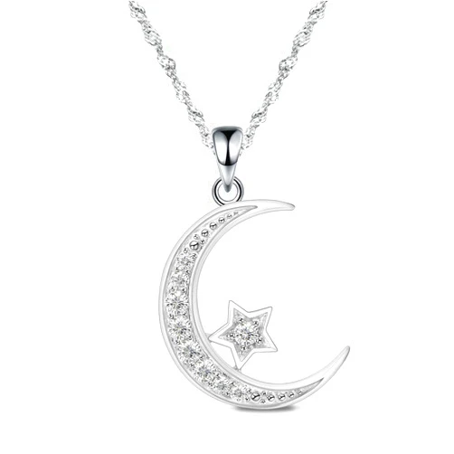 Gemschest Sterling Silver Crescent Moon Star Necklace Cubic Zirconia Jewelry for Teen & Women Ladies Dainty 18