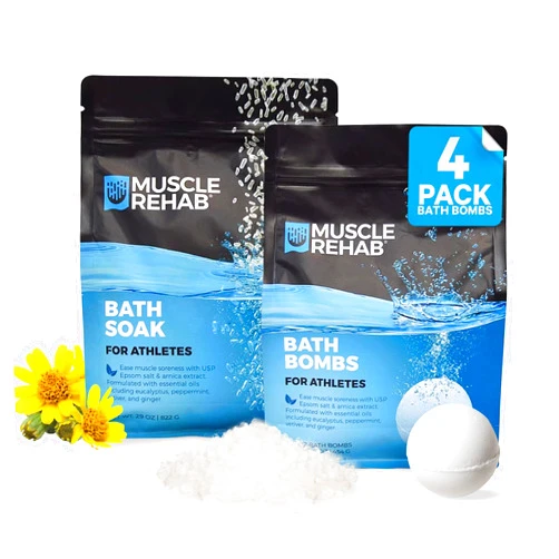 Muscle Rehab Sports Recovery Combo Pak- Arnica & Epsom Salt Bath Bombs & Magnesium Soak for Men -Women with Turmeric & Essential Oils - Magnesium Muscle Pain Relief & Joint Soother - (2 Pack)