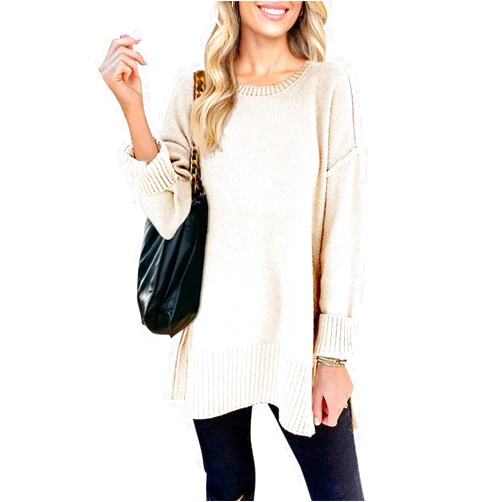 MEROKEETY Women's 2024 Fall Casual Crew Neck Side Split Pullover Sweater Loose Long Sleeve Jumper Top