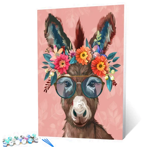 Tucocoo Funny Donkey Wear Big Shades and Straw Hat Paint by Number Donkey with Flowers DIY Painting on Canvas with Brushes Paints Paint by Numbers for Adults and Kids Beginner 16x20 Inch（without Frame）