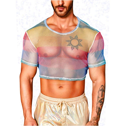 WDIRARA Men's Fishnet Mesh Tee Shirt Round Neck Short Sleeve Crop Top