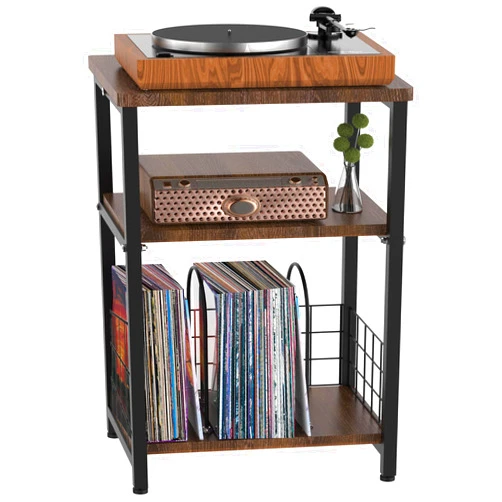 Tuohours Record Player Stand, 3 Tier End Side Table with Vinyl Record Storage Basket, Turntable Table up to 100 Albums Record Shelf Display Holder Cabinet for Living Room, Bedroom, Office