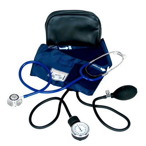 Dixie EMS Aneroid Sphygmomanometer and Dual Head Stethoscope Set with Adult Size Blood Pressure Cuff, Calibration Key and Carrying Case – Navy Blue