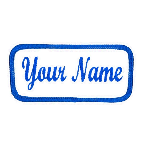 Northern Safari Name Patch Uniform Work Shirt Personalized Embroidered White with Blue Border. Sew on.