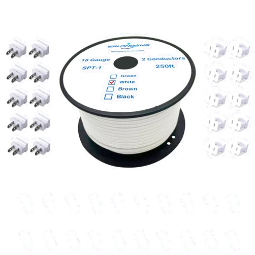 Erlandens 18#SPT-1W 250FT Extension Hookup Electrical Wire 18/2 Zip Cord with 20 Extra Vampire Plugs High Voltage Cable Copper Stranded Wire for LED Strip Ribbon Lamp Tape Landscape Lighting, White