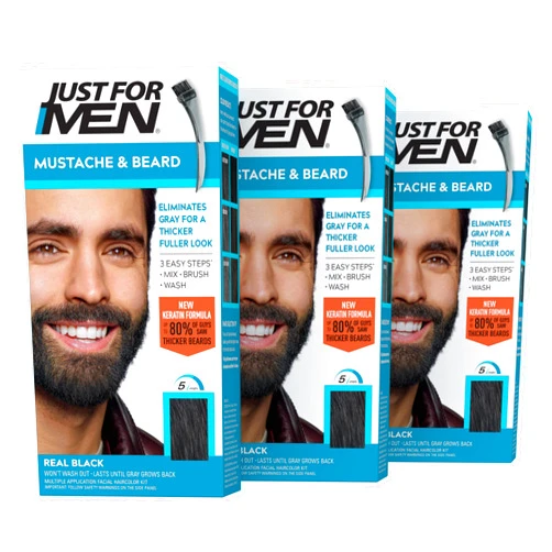 Just For Men Mustache & Beard, Beard Coloring for Gray Hair with Brush, With Keratin Biotin Aloe and Coconut Oil for Healthy Facial Hair - Real Black, M-55, Pack of 3 (Packaging May Vary)