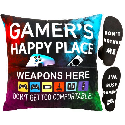OCCdesign Gamer Gifts for Teenage Boys Men, Gaming Room Decoration, Gamer Pillow Cover and Game Socks Gifts Set, Easter Basket Essentials Stuffers for Teens Boys Girls Men Father Boyfriends 18